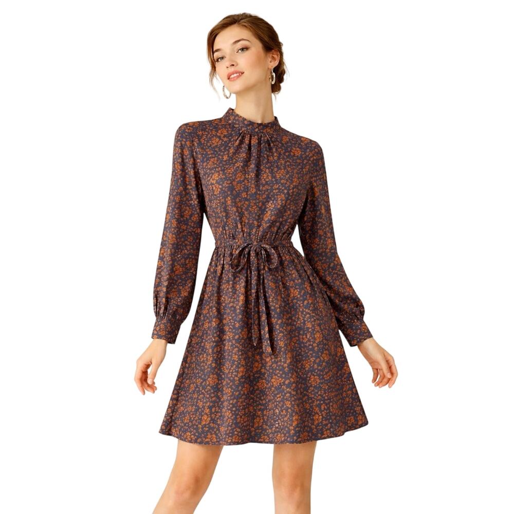 Allegra K Floral Flare Tie Waist Knee Length Long Sleeve A-Line Dress Size M